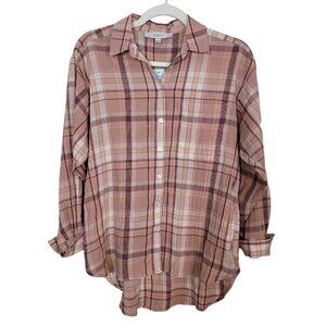 LOFT Ann Taylor Gauze Button Up Shirt Peach Plaid Casual Sz XXS Petite NEW